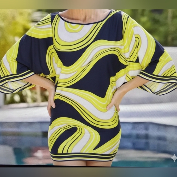 Trina Turk Other - Trina Turk Serena Swirl Yellow Navy Stretch Swim Cover Up Dress Tunic Mini Small